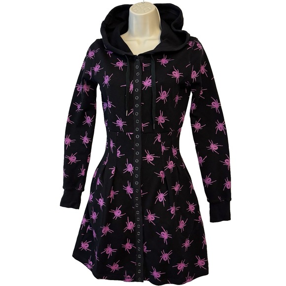 Betsey Johnson Dresses & Skirts - Betsey Johnson Y2K Spider Thermal Dress Sz  XS Black Pink Goth Witchy Hoodie